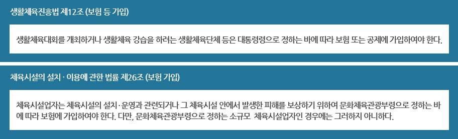 생활체육진흥법 제 12조 (보험 등 가입) 생활체육대회를 개최하거나 
					생활체육 강습을 하려는 생활체육단체 등은 대통령령으로 정하는 바에 따라 보험 또는 공제에 가입하여야 한다. 체육시설의 설치 및 이용에 관한 법률 제26조 (보험가입) 체육시설업자는
					체육시설의 설치 및 운영과 관련되거나 그 체육시설 안에서 발생한 피해를 보상하기 위하여 문화체육관광부령으로 정하는 바에 따라 보험에 가입하여야 한다. 다만, 문화체육관광부령으로
					정하는 소규모 체육시설업자인 경우에는 그러하지 아니하다.